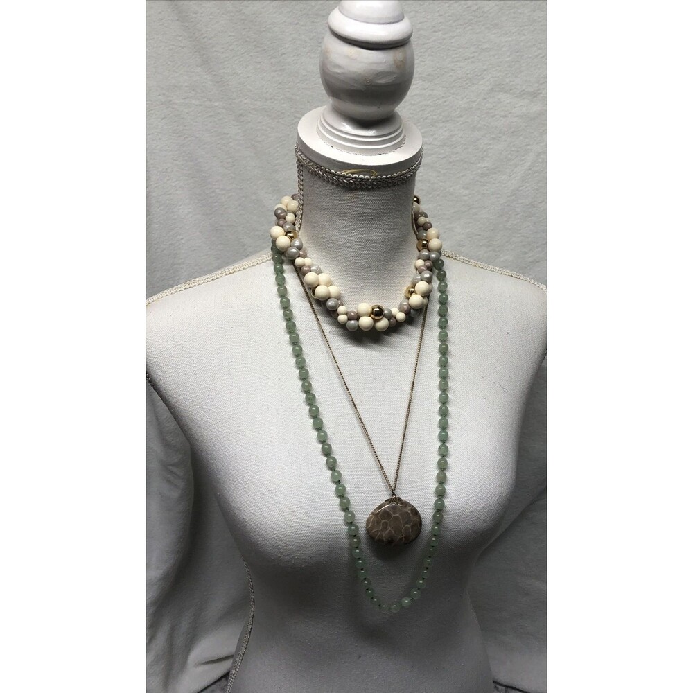 3 Pc Vintage Necklace Multi Strand Petoskey Stone Pendant Jade Boho Jewelry